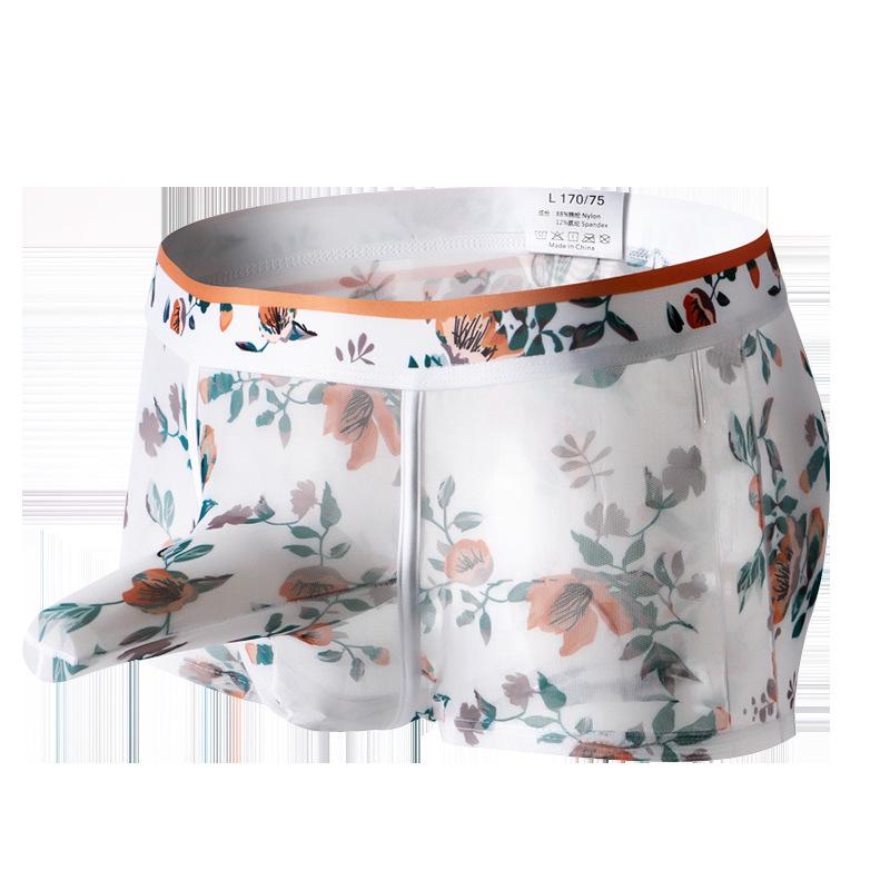 Men's Breathable Ice Silk Boxer Briefs with Separate Pouch and Mesh Print