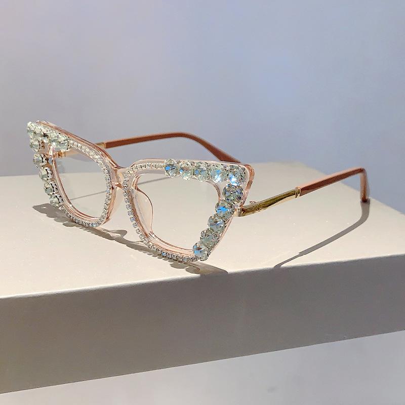 Diamond Decoration Cat Eye Glasses for Women Fashion Blue Light Blocking Computer Gaming Eye Protection Classic Plain Glasses