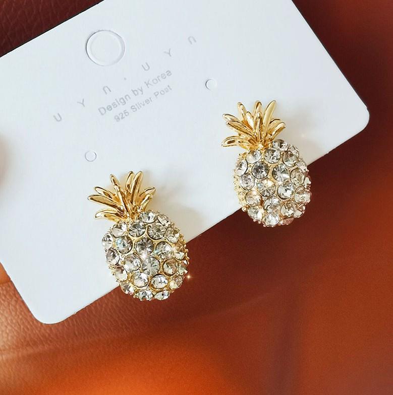Korean Style Pineapple Rhinestone Stud Earrings, S925 Sterling Silver, Trendy and Fresh Women s College Style.