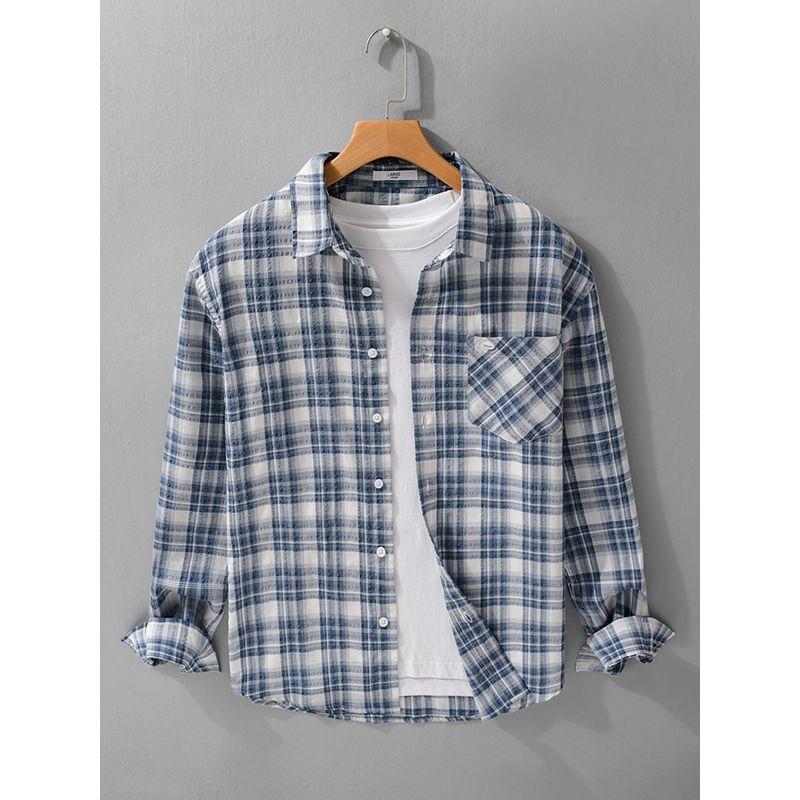 Spring Summer Plaid Sun Protection Clothing Loose Casual Long Sleeve Shirts Men's Lightweight Yarn-Dyed Plaid Shirt Outerwear New