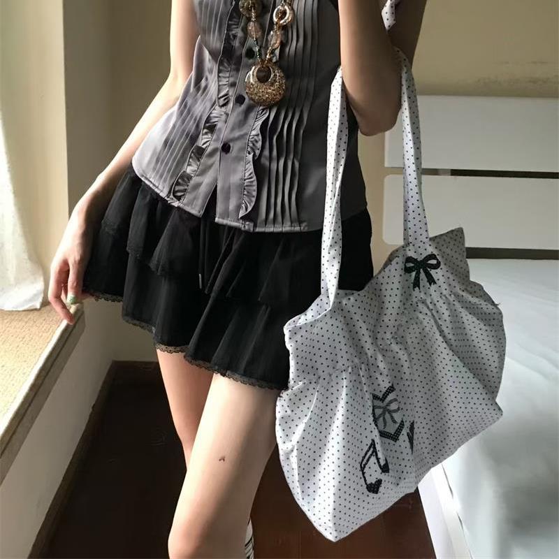 Koreanische Gepunktete Schultertasche Damen Nylon-Tragetasche Niedliche Schleife Liebe Notiz Gedruckte Tragetasche Rock Design Magnetverschluss Achseltasche