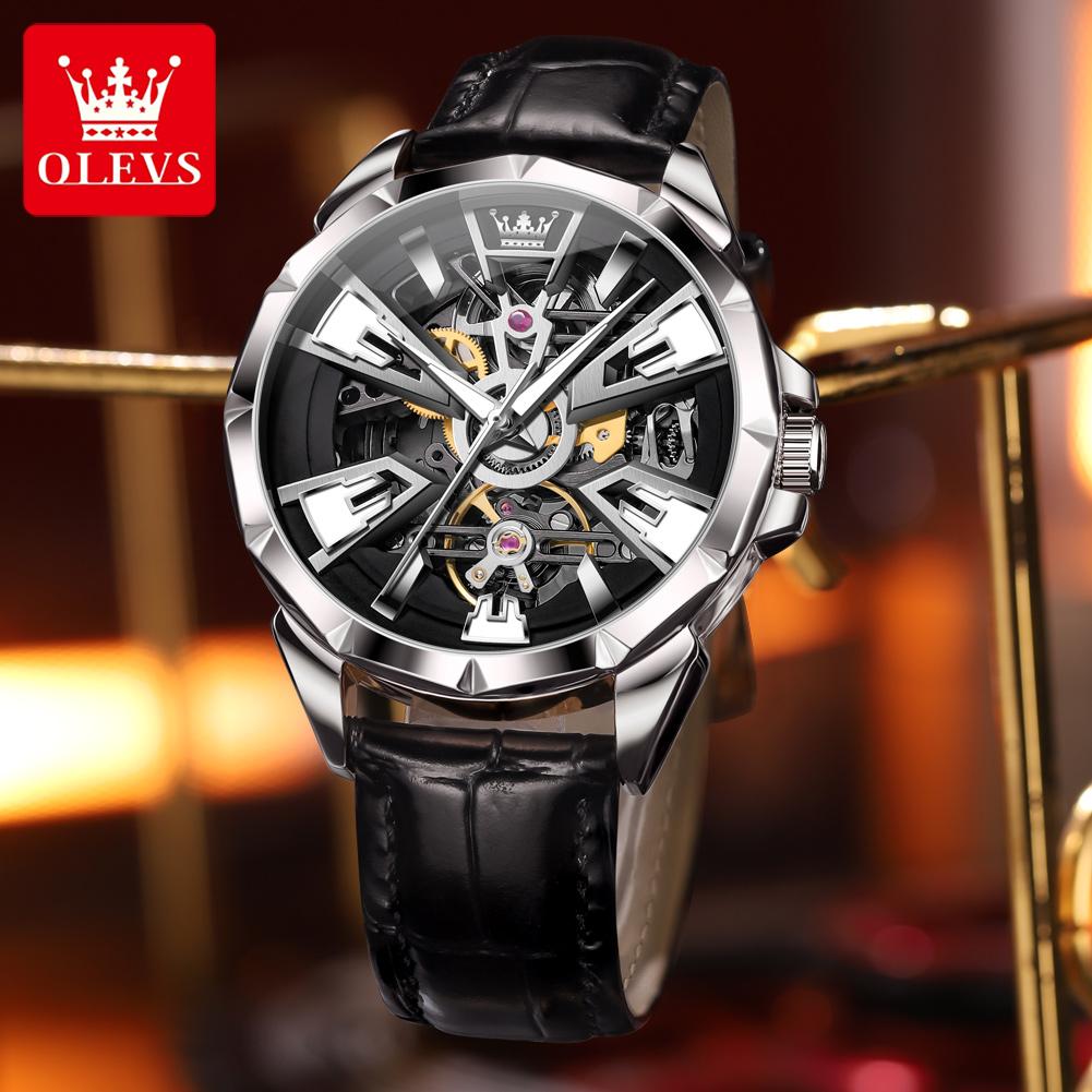 OLEVS New Skeleton Automatic Man Watch Original Leather Strap Hollowed Fashion Men's Mechanical Watch Waterproof Watches for Men