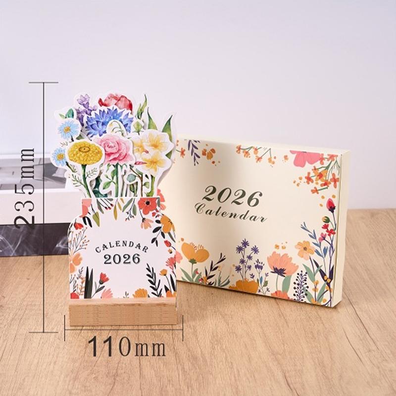 New 2026 Card Insert Desk Calendar Monthly Planner Organizer Bloomy Flowers Mini Calendar Wooden Base Home Office Tabledesk