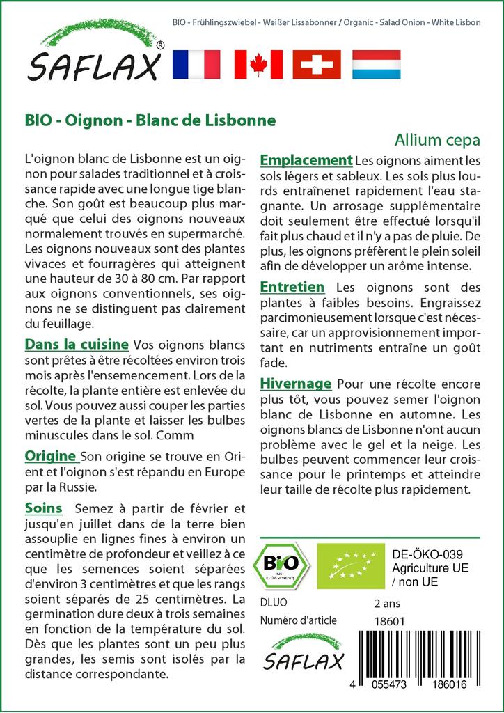 SAFLAX Garden In the Bag - Organic - Salad Onion - White Lisbon - 150 Seeds - With Substrate In a Fitting Stand Up Bag - Allium Cepa