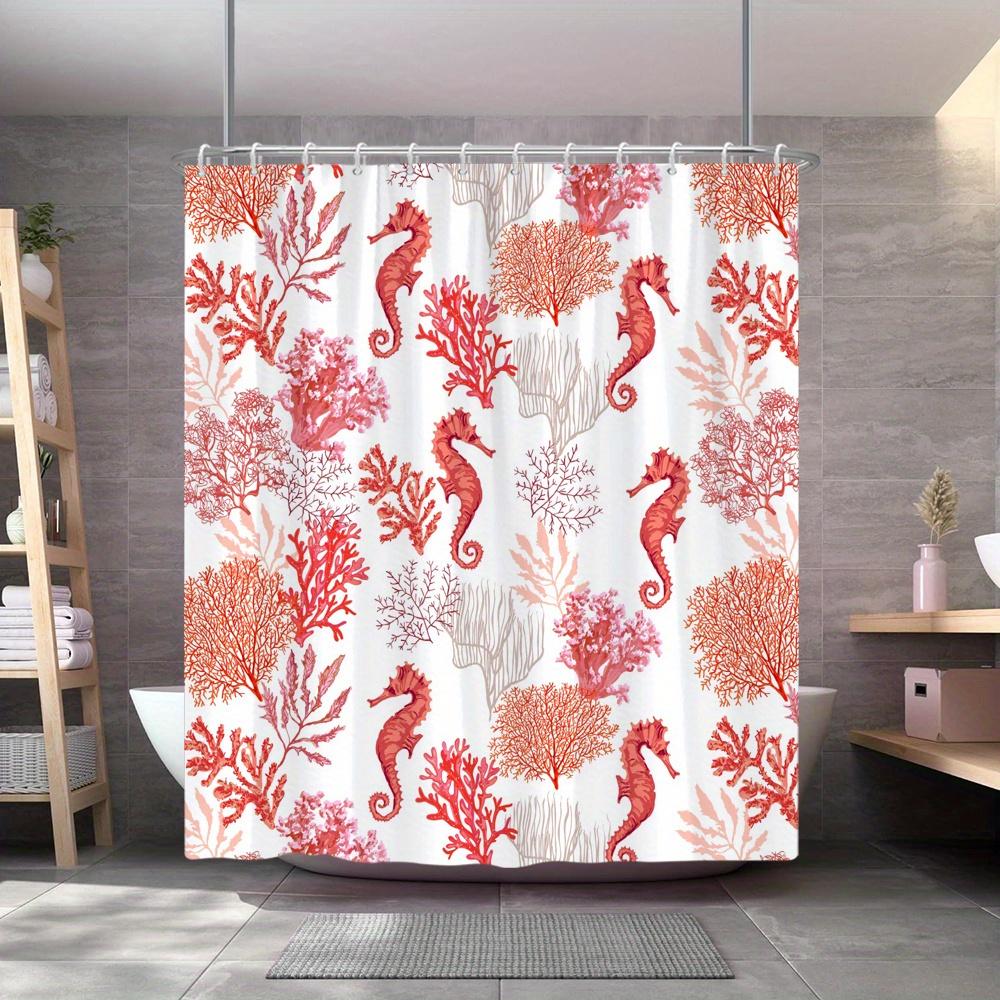 1 Tenda da Doccia Vita Marina Esotica, Vivace Motivo Cavalluccio Marino Rosso e Corallo, Poliestere, Lavabile in Lavatrice, Adatta per il Bagno