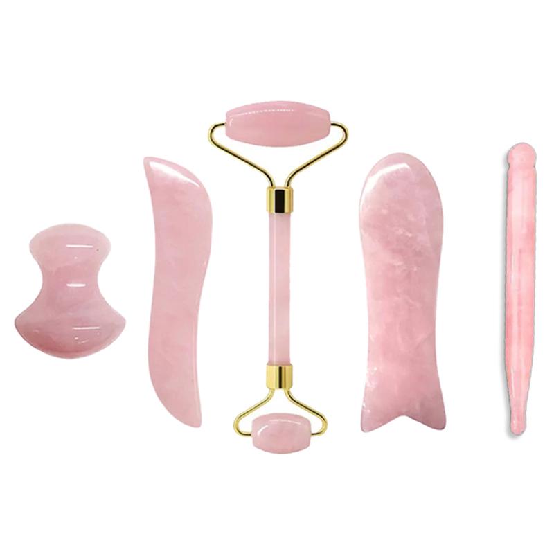100% Natural Rose Quartz Jade Roller Gua Sha Massager Set Jade Stone Gouache Scraper Facial Massage Lifting SPA Anti Aging Tools
