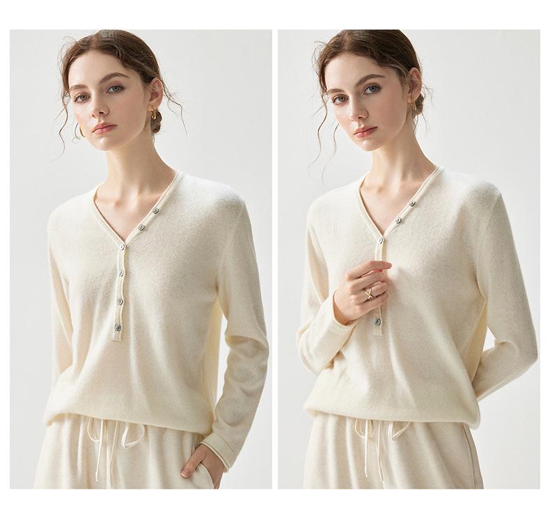 V-Neck Half-Button Soft Cashmere Sweater - Women's 2026 Autumn Base Layer, Elegant Solid Color