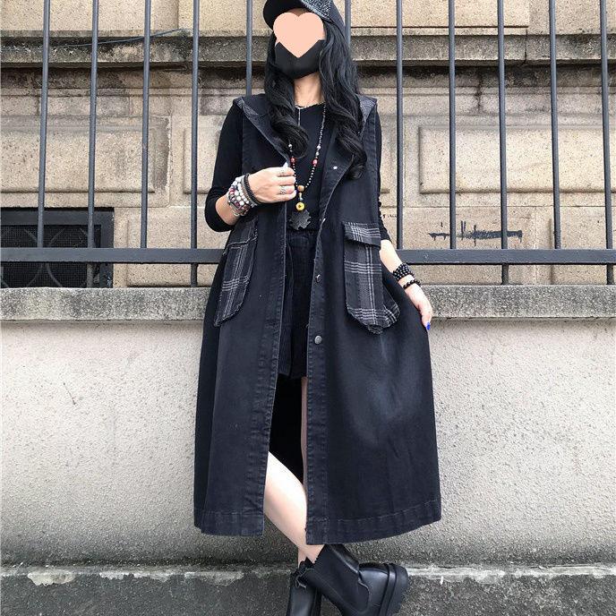 

Women s Plus Size Hooded Patchwork Denim Windbreaker Vest - Spring/Autumn Sleeveless Loose Outerwear 2XL (150-170 jin) чорний