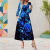 Women Plus Size V Neck Long Sleeve Purple Black Butterfly Printed Midi Dress With Pockets