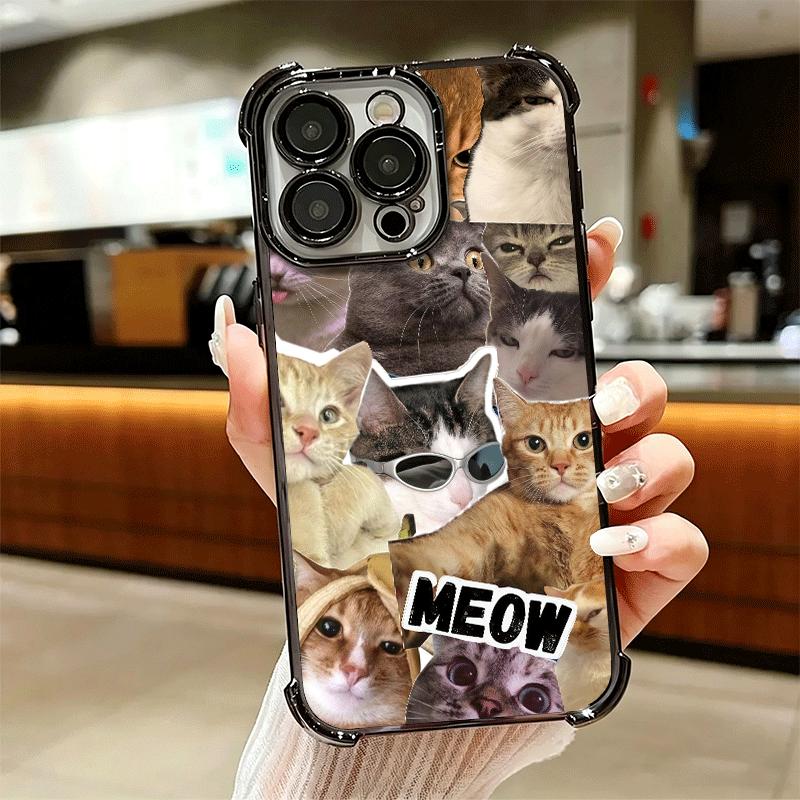 Crying Cats Combine Memes Plating Phone Case For Iphone 16 17 Pro Max Air 16E 14 15 Plus 12 13 Mini Anti-Fall Airabag Cover