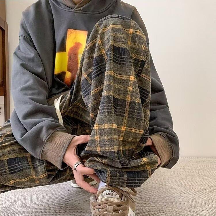Retro Plaid Casual Pants Men's Spring and Autumn New Drape Wide-leg Cityboy Trendy Sports Straight Pants