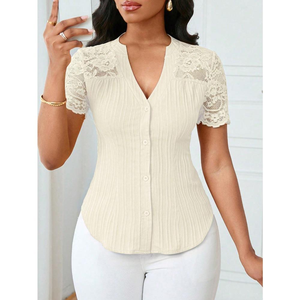 Top la modă, versatil, cu un singur nasture, de culoare uni, mulat, brodat, cu deschidere în față, cu mânecă scurtă