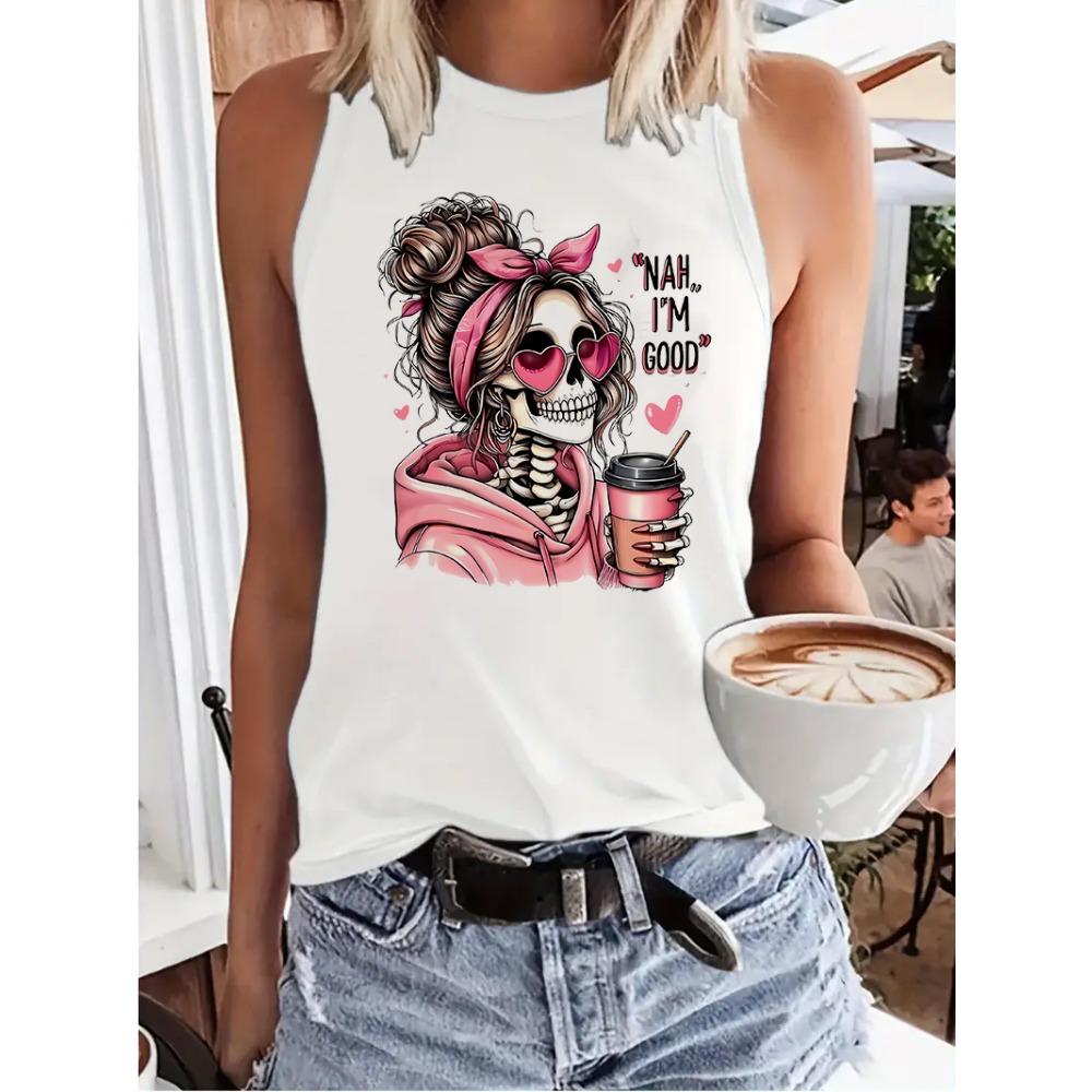 

T-shirt pattern printed vest for women, sleeveless round neck 2XS