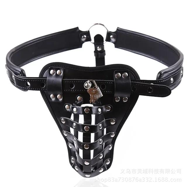 BDSM PU koža Muž Cudnosť Cage Pás Nohavice Nohavice Spodná bielizeň Zámok Penis Krúžky Bondage Erotické sexuálne hračky pre mužov Hry pre dospelých 18+