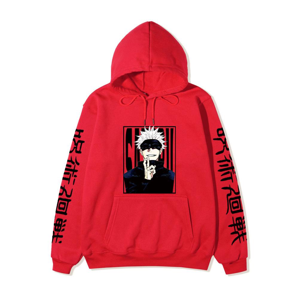 Jujutsu Kaisen Satoru Gojo Unisex Fleece Hoodie Autumn Winter Anime Character Japanese Kanji Sleeve Print Long Sleeve Pullover Sweatshirt