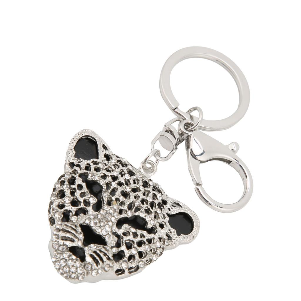 Keychain Exquisite RhinestoneEncrusted Leopard Head Car Bag Pendant for Girl Birthday Gift(Silver )