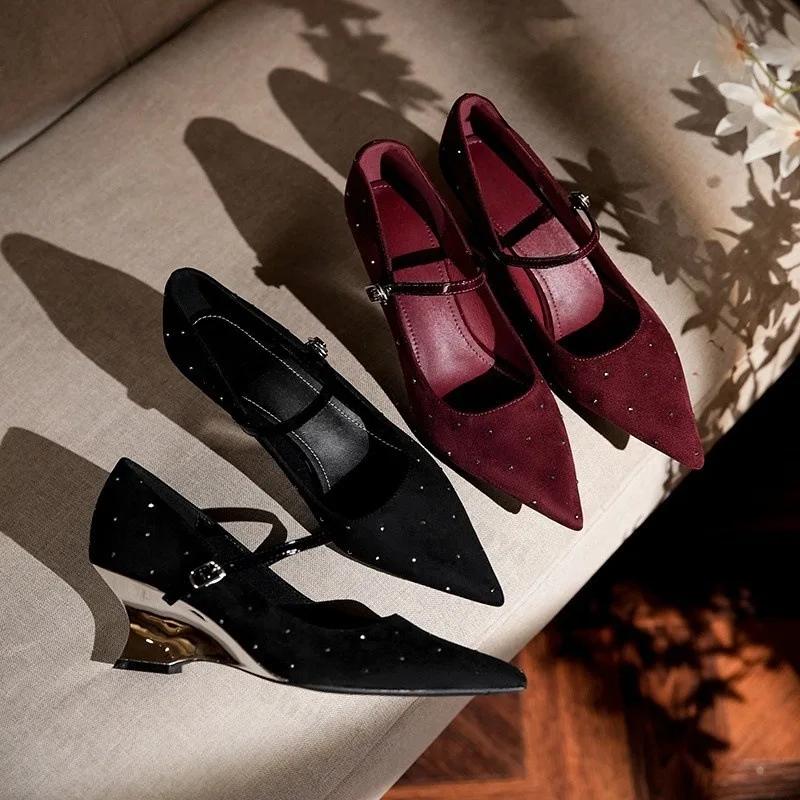 Fashion 2025 New Spring Women Pumps Fashion Sexy Black Red Shiny Pumps Women Buckle Pointed Toe High Heels Party Shoes Zapatos De Mujer