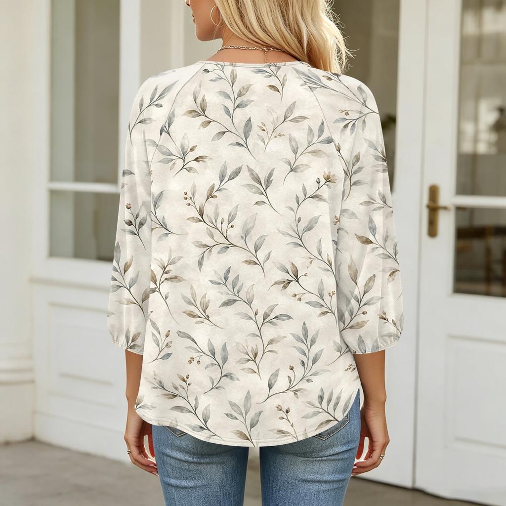 Women's Floral Print 3/4 Sleeve Round Neck Pleated Top Lightweight Casual Blouse Suitable for Daily Wear and Various Occasions