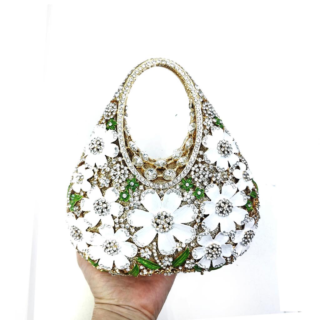WHTUOHENG Pink Floral Rhinestones Top-Handle Bag Lady  Flower Luxury Designer  Crystal Evening Bags Wedding Party Purse Handbag