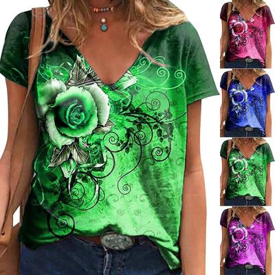 Fashion Spring  Rose Print Blouses Short Sleeved V-Neck T Shirts Casual