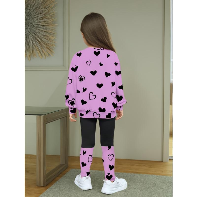 Girls' Summer New Arrival Fashion Heart Print Round Neck Long Sleeve T-Shirt + Casual Patchwork Pants Set with Cute Cat Pattern Two-Piece Outfit