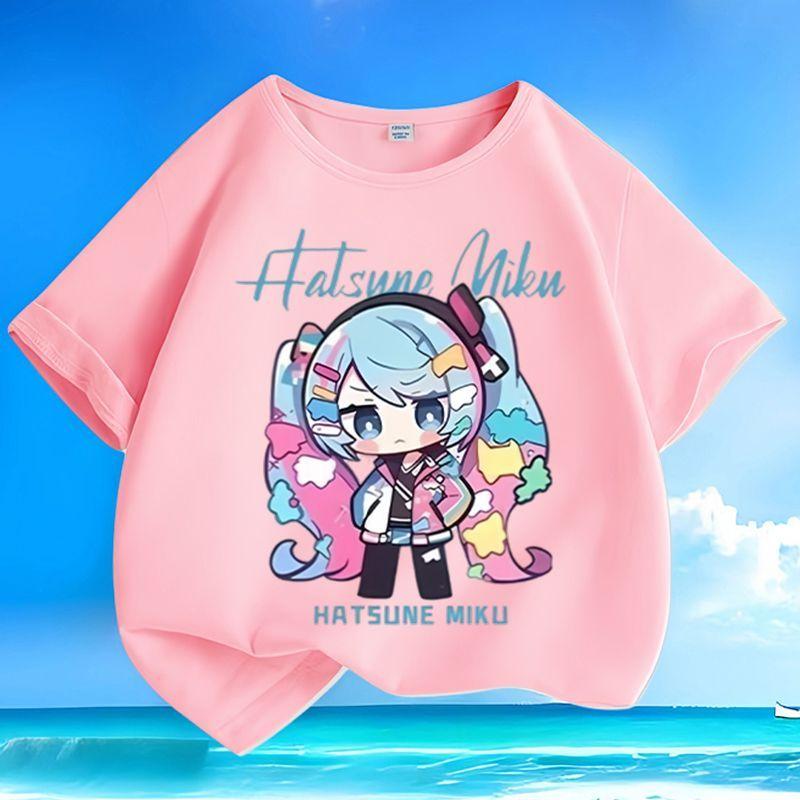 Newly Designed Printed Q-version Cute Hatsune Miku Boy-girl Children's Summer Pure Cotton Loose Casual Short-sleeved Shirt