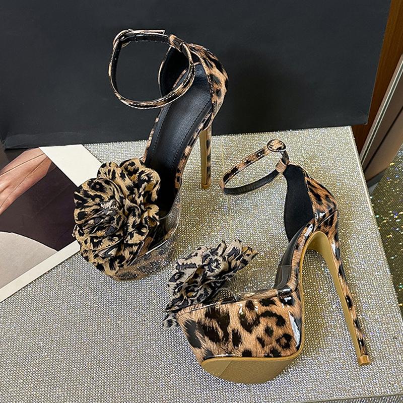 Móda Liyke Móda Leopardí Vzor Velké Květiny PVC Dámské Platformové Sandály Sexy Otevřená Špička 16CM Super Vysoké Podpatky Boty na Pole Dance pro Striptérky
