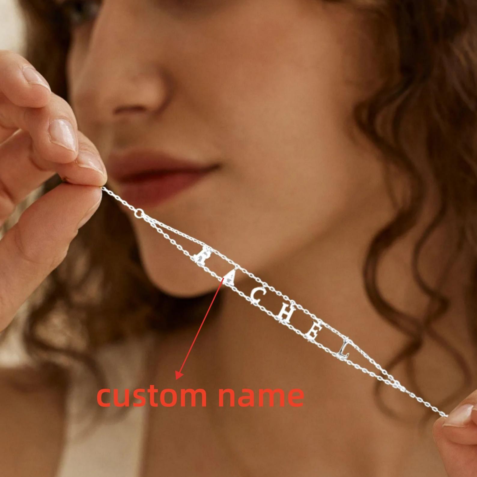 Custom Name Bracelet Layered Chain Initial Bracelet Double Chain Name Bracelet Personalized Letter Bracelet Women Bracelet 1-4 letters&17cm