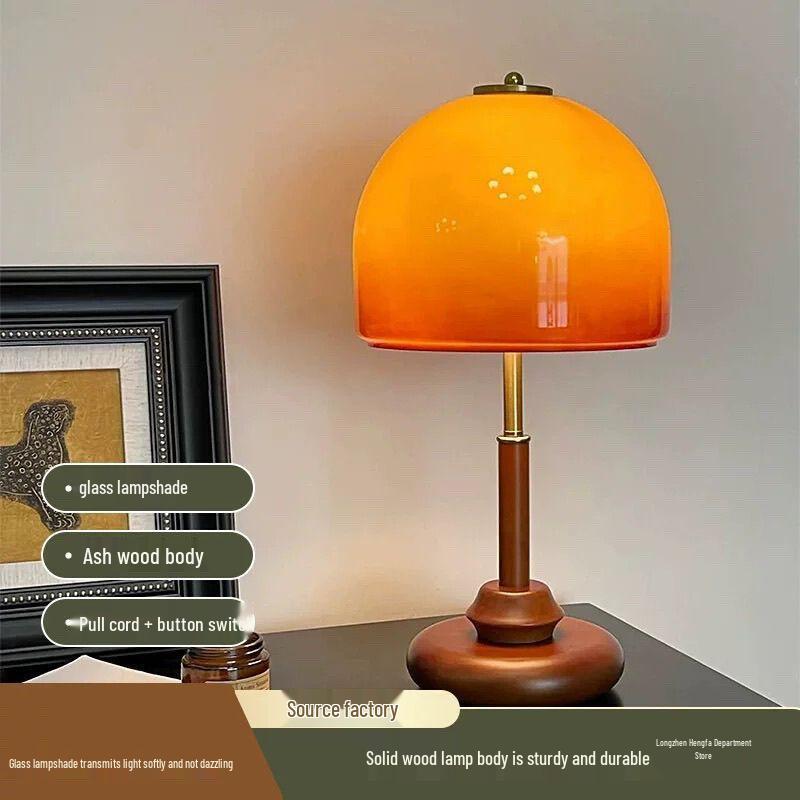 Mid-Century American Walnut Glass Table Lamp - Retro Decorative Bedroom & Study Light
