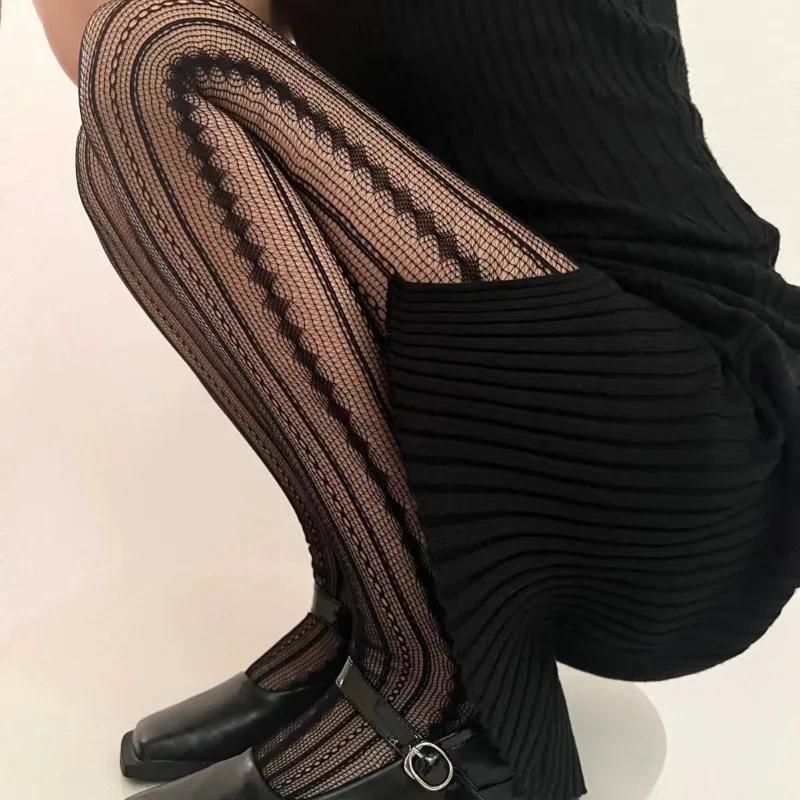 Women Sexy Lace Fishnet Pantyhose Lolita Style Hollow Out Design Red Silk Stockings JK High Waist Striped Tights Christmas Gifts