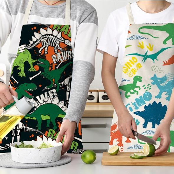 Dinosaur Print Apron with Hanging Neck, Sleeveless Cotton and Linen Apron, Kitchen Chores, Oil and Dirt Prevention Apron Can Be
