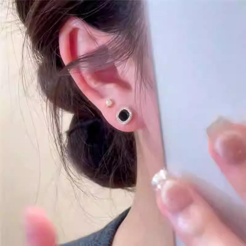 Black Square Pearl Stud Earrings Set of Four - Silver Hooks, Elegant Ear Accessories
