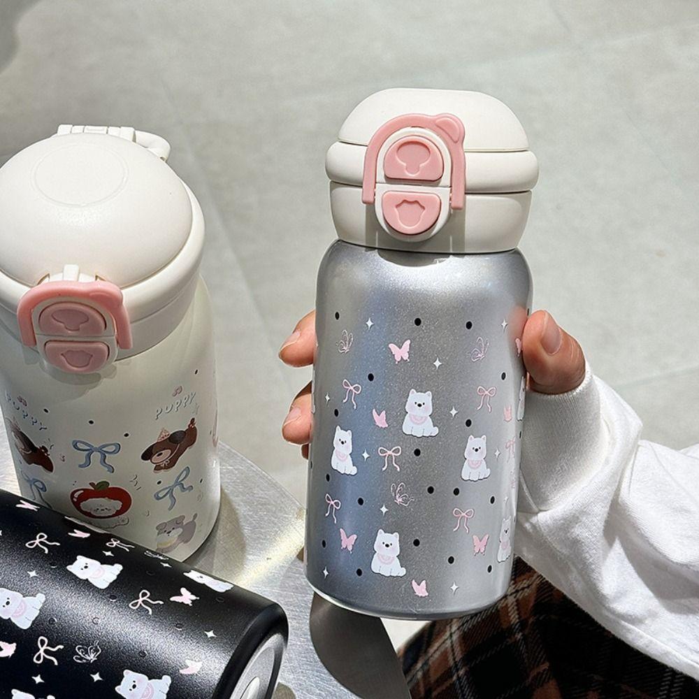 Leak-proof Thermal Water Bottle Straw Design Bouncing Insulated Tumbler Bow Cat Thermos Cup  Kids