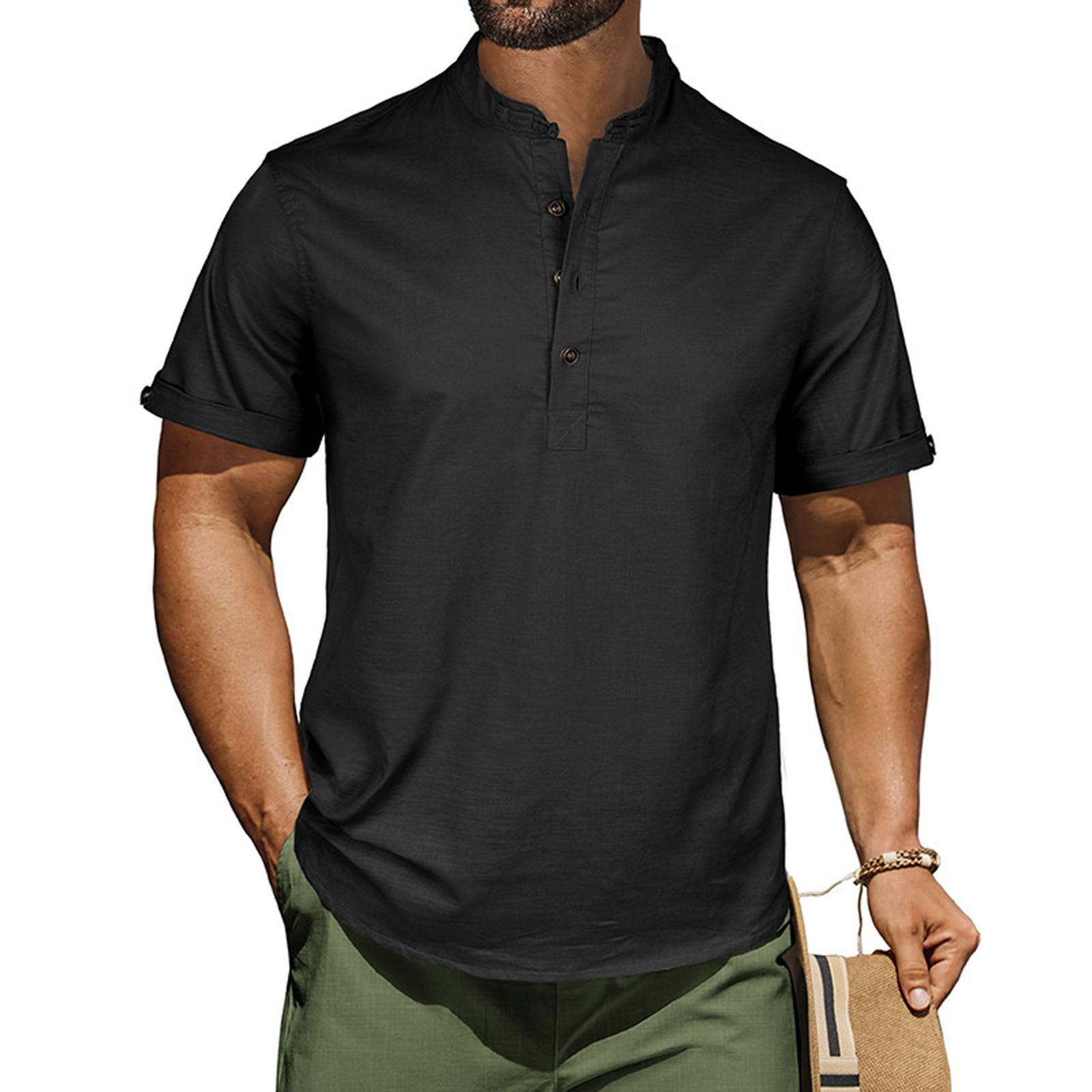 

Men s Casual Shirt Short Sleeve Band Collar Linen Shirt Summer Beach Hippie T-Shirts L чёрный