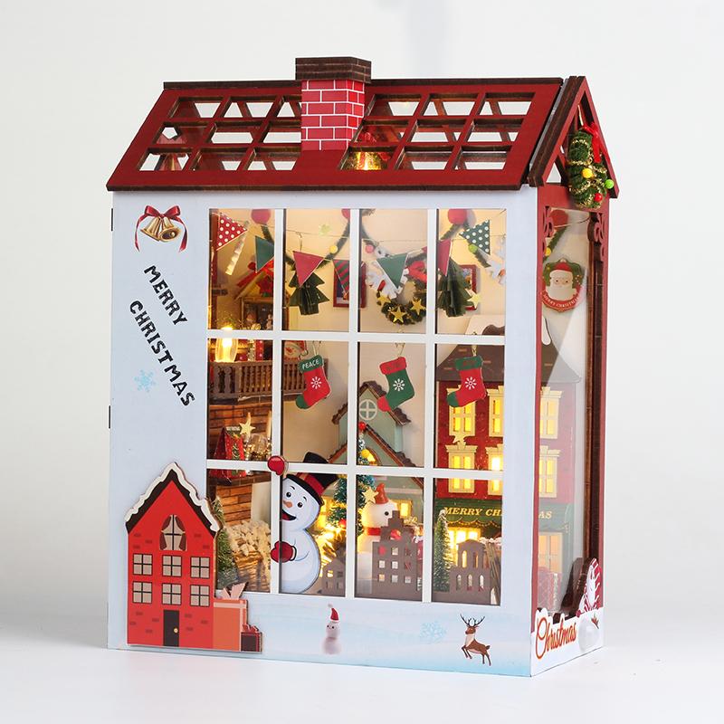 Wooden Christmas Doll House DIY Book Nook Kit 3D Puzzle Assembly Building Model Bookshelf Insert Decor Toys for Xmas Gifts Dollh