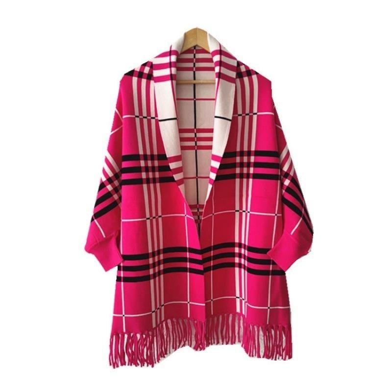 Women'S Double-Sided Shawl, Scarf, Dual-Purpose Fringed Thickened Long-Sleeved Cashmere-Blend Cape Jacket