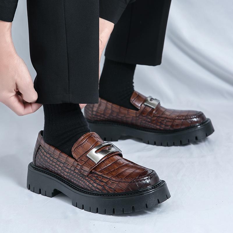Men's Glossy Leather Thick-Soled Loafers - British Style Slip-On, Large Size, for Spring & Autumn