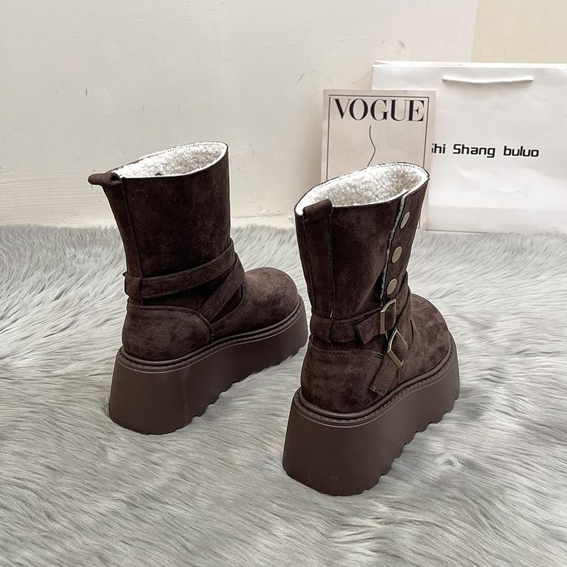 Skinny Martin Boots Women's 2025 Autumn and Winter New European Station Round Head Sewing Line Heightened Mid-heel Fashion Boots Look Thin