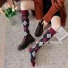 Korean Style Cotton Diamond Pattern Knee-High Retro Socks for Women