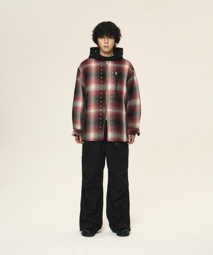 Kodeu Zipper Pocket Hooded Studded Shirt_Rd