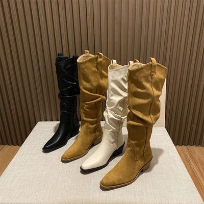 Automne 2025 nouvelles bottes hautes plissées rétro à talon épais pointues bottes à poils pour femmes bottes à col en V bottes de chevalier haut de gamme