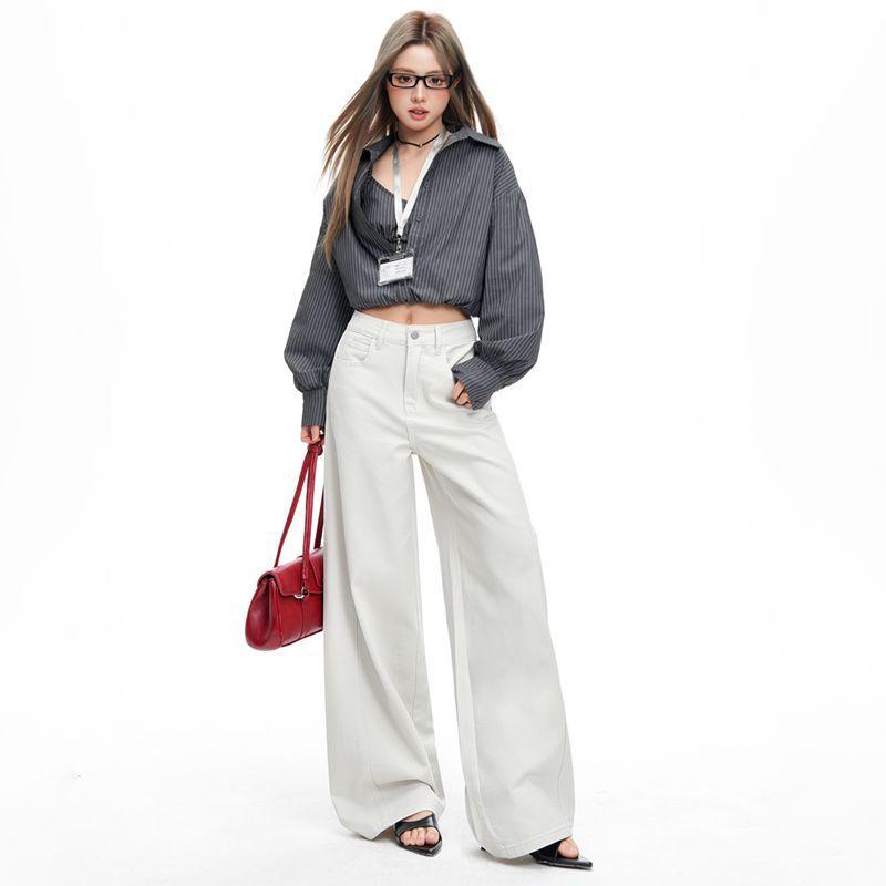 Spring Summer Premium Gray White High Waist Structured Relaxed Wide Leg Saber Cut Denim Pants For Ladies Casual Pants Oversize Denim Trousers