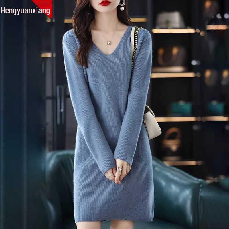 Hengyuanxiang Women's V-Neck Cashmere Sweater Dress - Mid-Length, Long Sleeve, Knitted