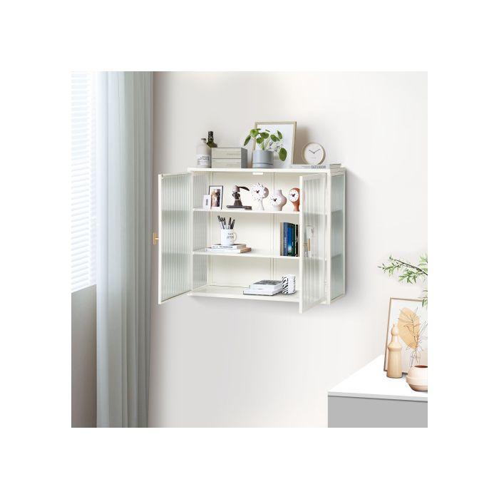 Armoire Murale - MUVOE - 70 Cm - Double Porte Vitrée - Blanc - 3 Niveaux De Rangement