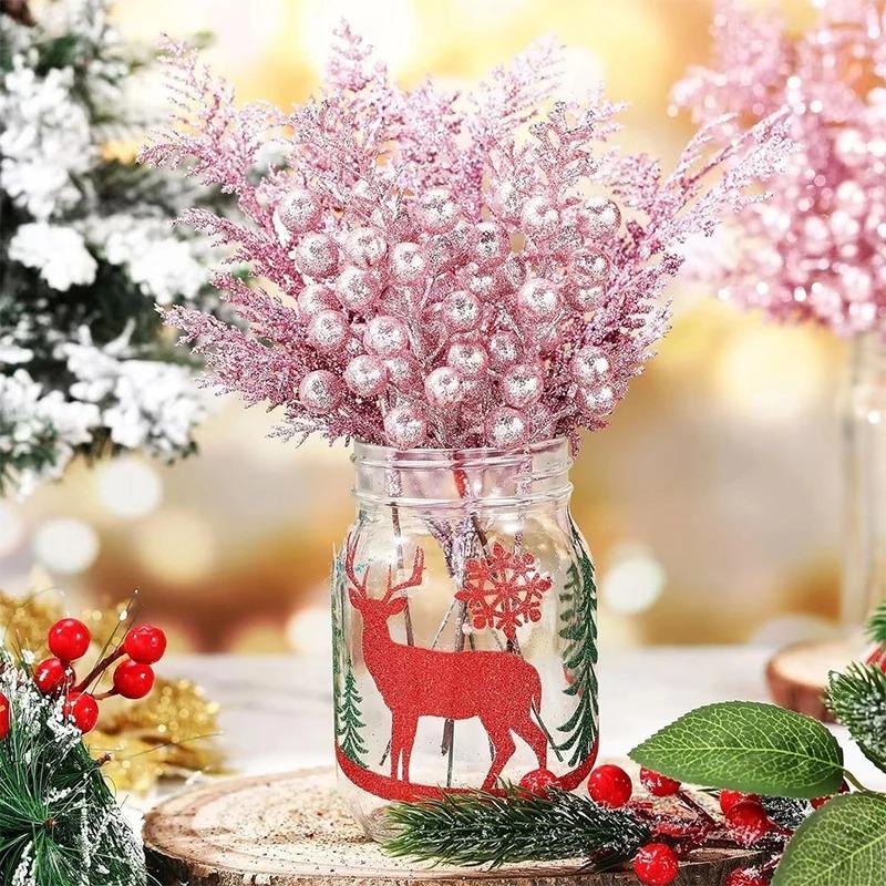 5Pcs Christmas Decoration Glitter Berrie Christmas Tree Ornaments Artificial Flower for Home New Year 2026 Decor Navidad Gifts