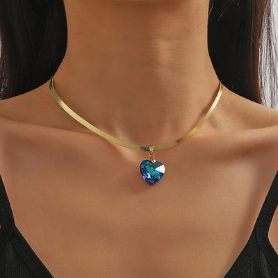 Necklace for Women Jewelry Simple Colorful Crystal Pendant Love Necklace Flat Snakebone Chain Love Crystal Pendant Beautiful Elegant Necklace for Her