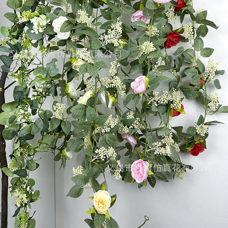 Vigne de Fleurs Artificielles à Suspendre au Mur, Plante Verte Artificielle, Camélia, Feuilles Vertes, Baies, Vignes, Décoration de Plafond pour Mariage et Maison