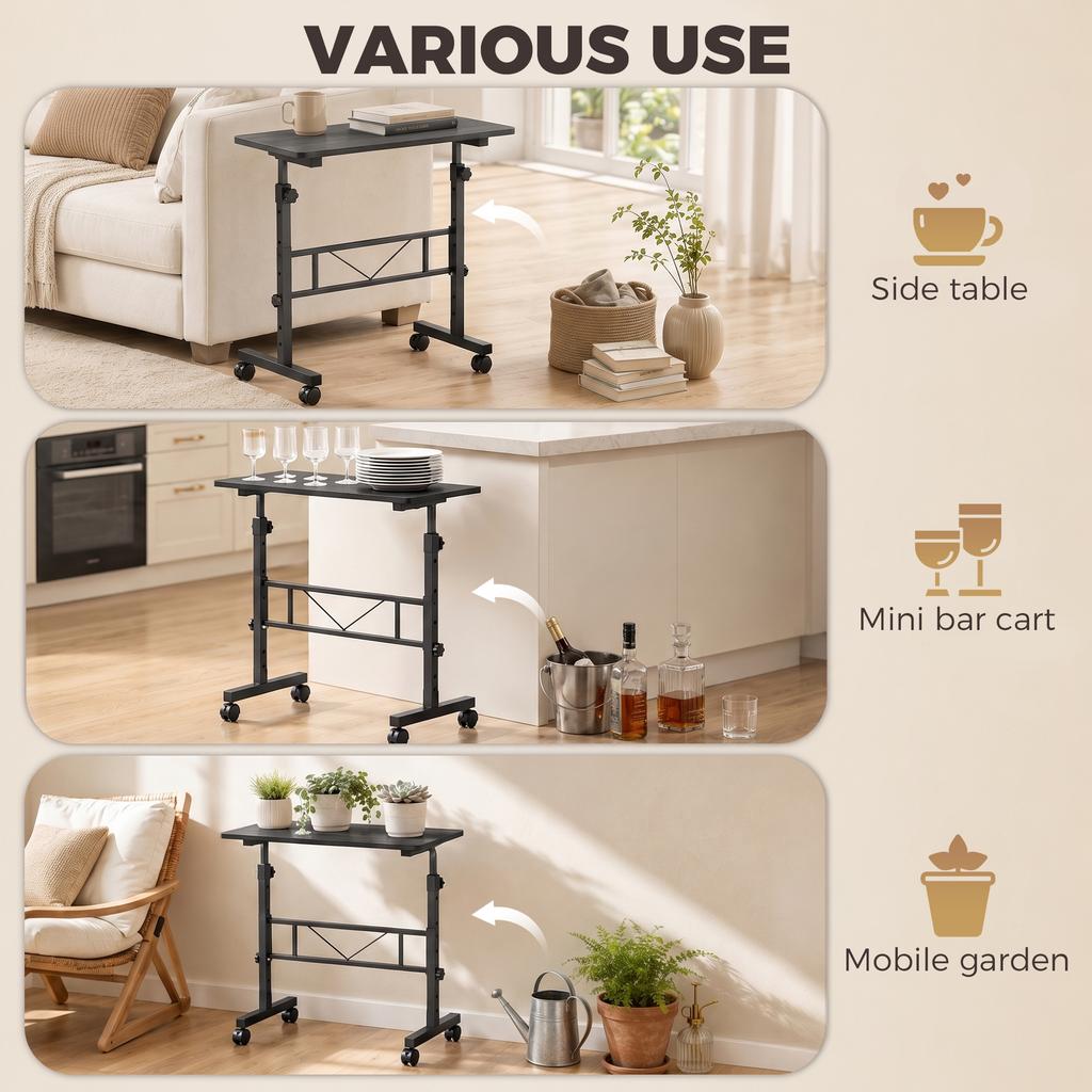 Overbed Table Adjustable Height Sofa Side Table with Wheels 80 x 40 cm Black