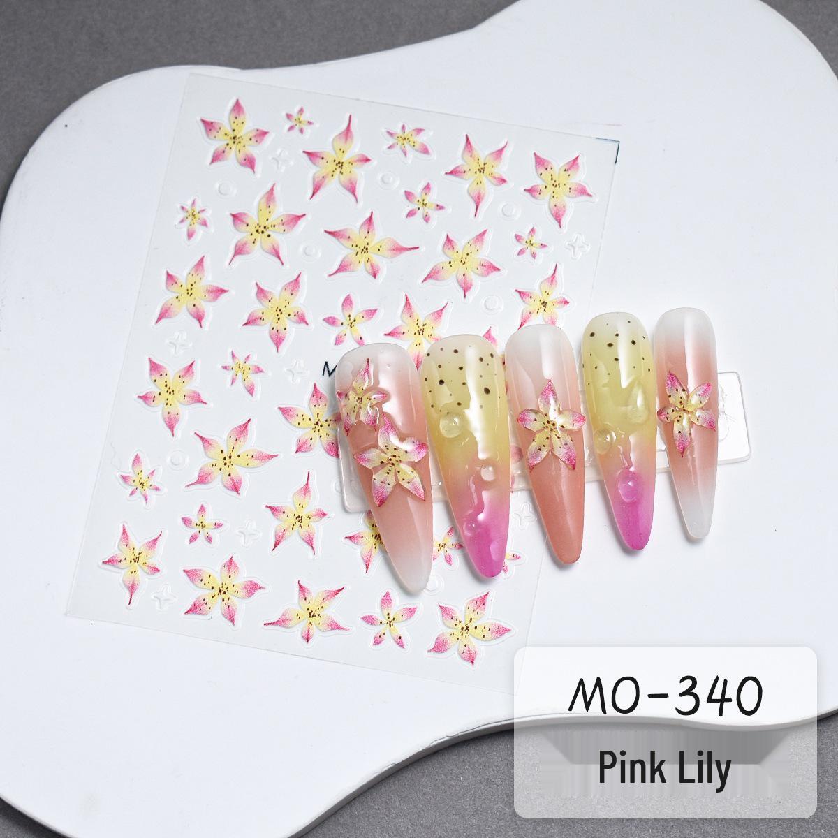 5D Embossed Ice Flower Nail Stickers: Translucent Pink & Mint Green Lily Summer Decals