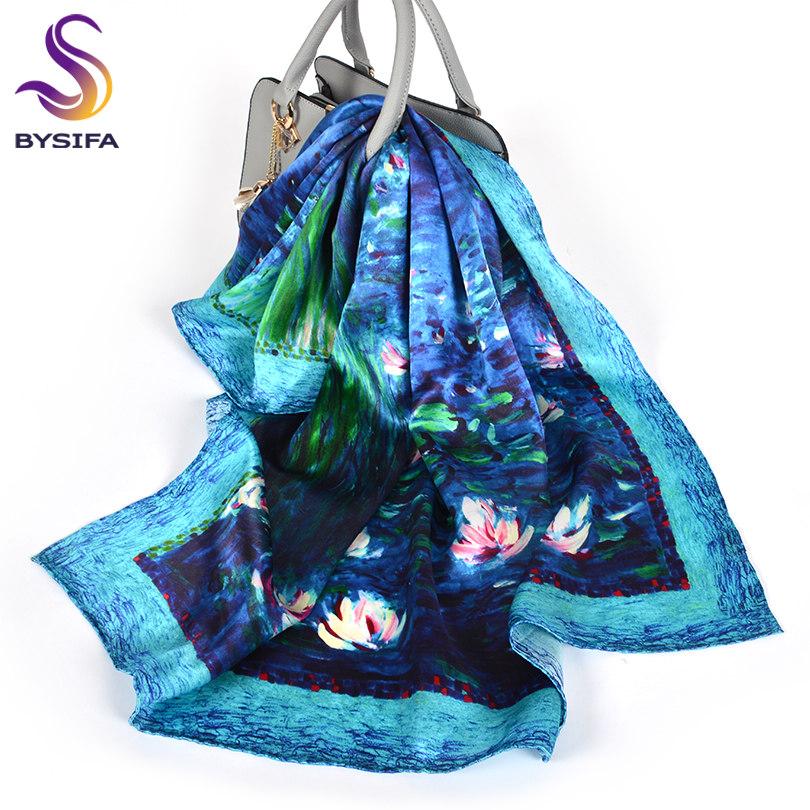 [BYSIFA] Women Silk Scarf Shawl Fall Winter Blue Neck Scarves New Oil Painting Lotus Pond Design 100% Silk Square Scarves88*88cm